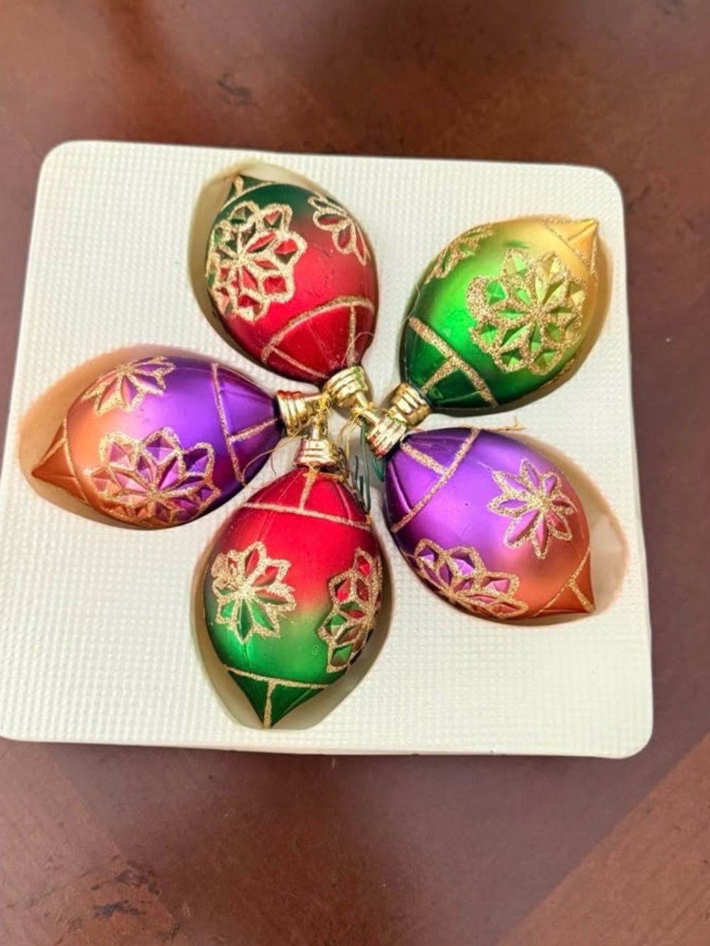 Vintage KSA Kurt Adler Glass Teardrop Christmas Ornaments Set of 5 Gold Glitter